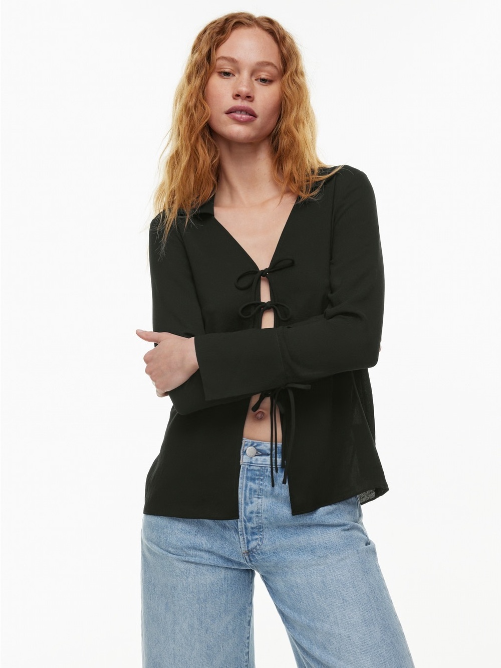 Wilfred Favor Blouse Long-Sleeve Top Open Front Bow Ties Black Aritzia